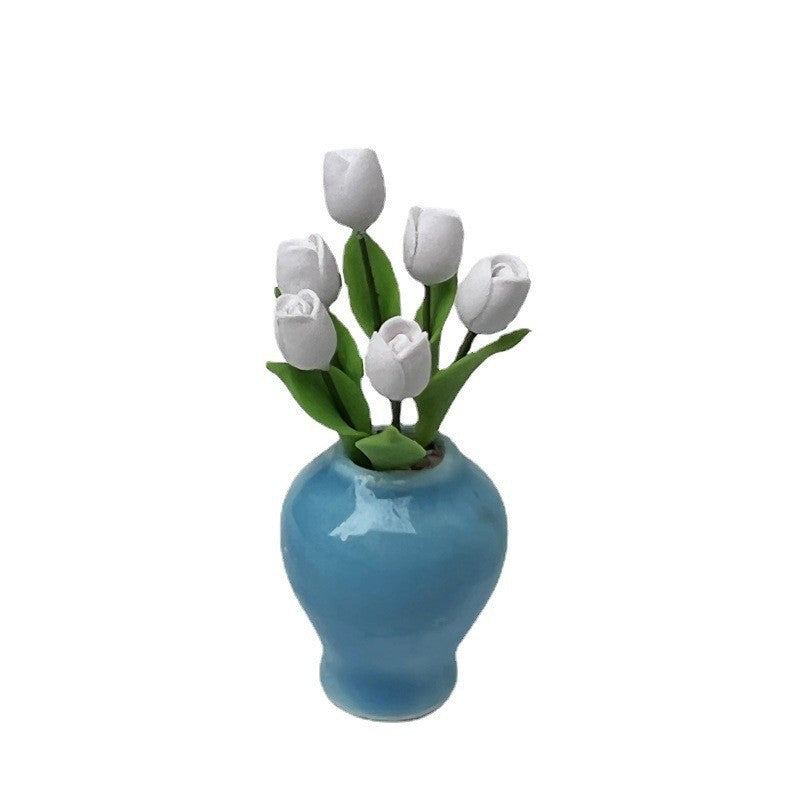 Wholesale 1:12 doll house DOLLHOUSE mini model handmade blue porcelain bottle tulip flower arrangement potted plant